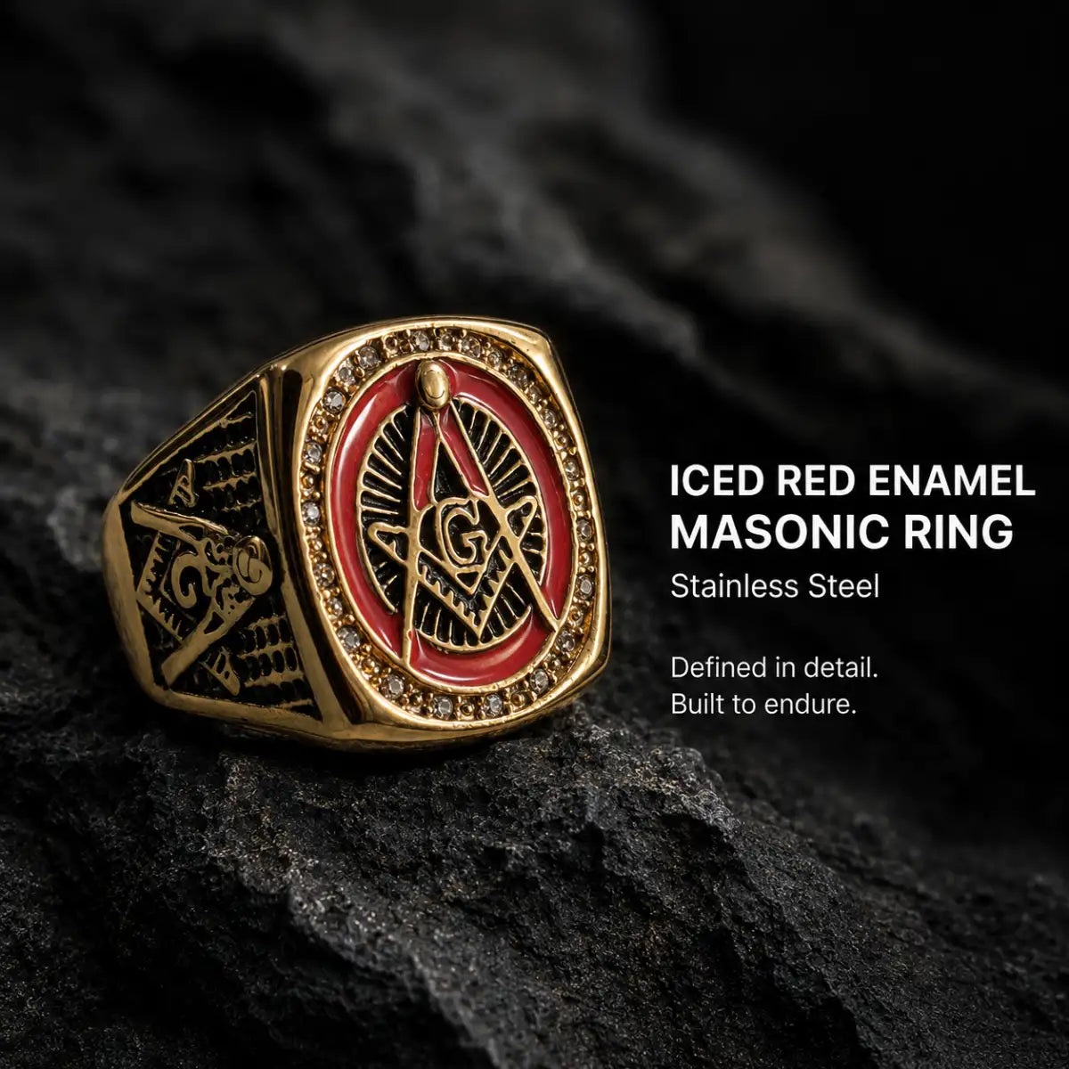 Red Enamel Masonic Ring Gold Displayed on Stone Surface