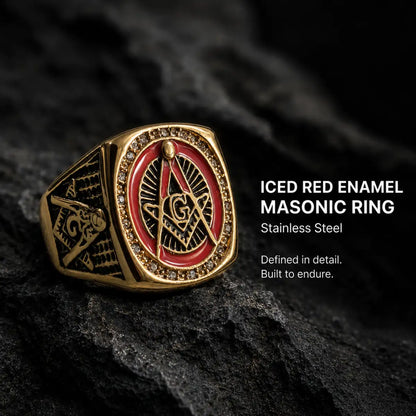 Red Enamel Masonic Ring Gold Displayed on Stone Surface