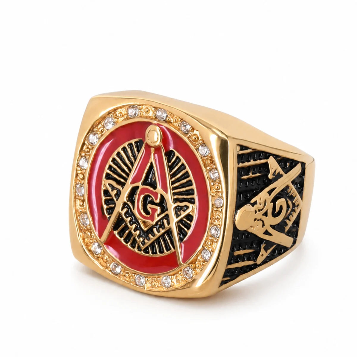 Red Enamel Masonic Ring Gold Front View White Background