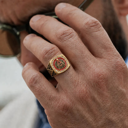 Red Enamel Masonic Ring Gold Worn by Male Model Close Up