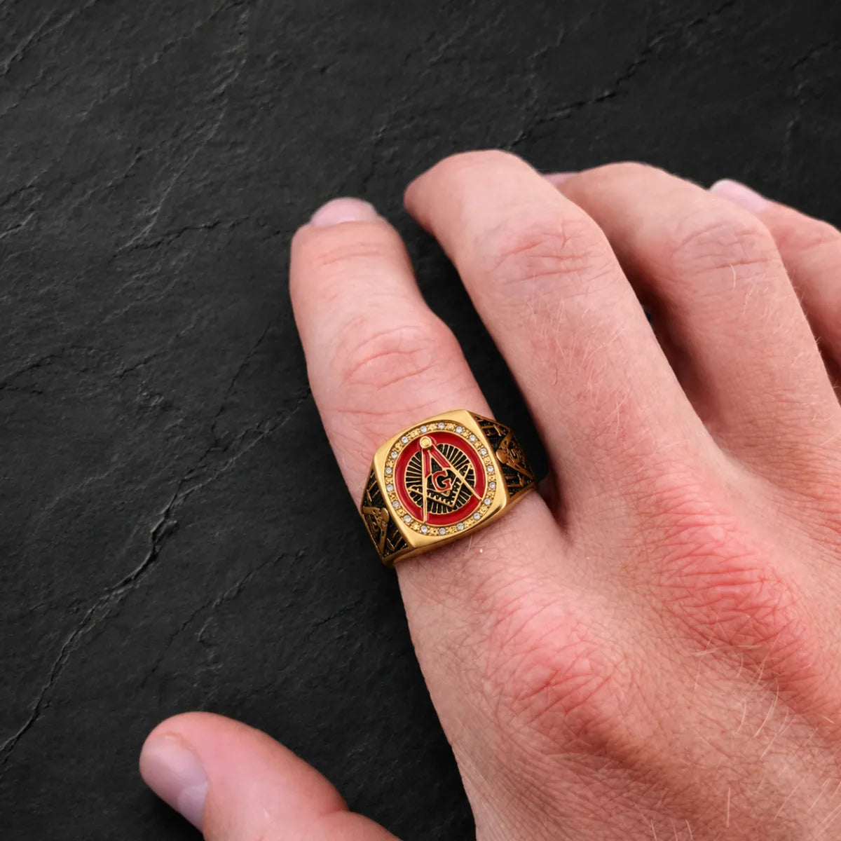 Red Enamel Masonic Ring Gold Worn on Hand Close Up