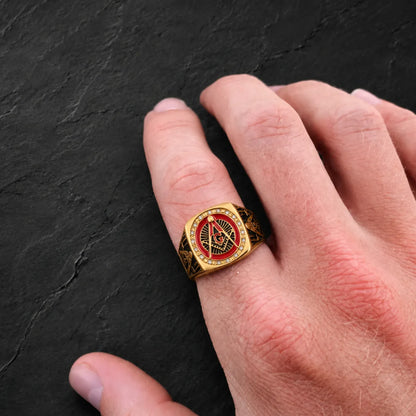 Red Enamel Masonic Ring Gold Worn on Hand Close Up