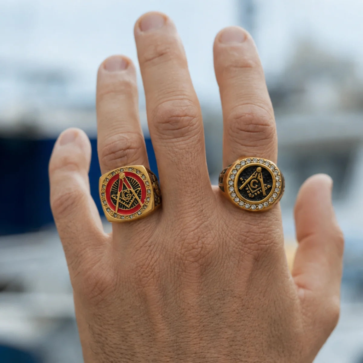 Red Enamel Masonic Ring Gold and Diamond Freemason Ring Gold Worn on Hand Close Up