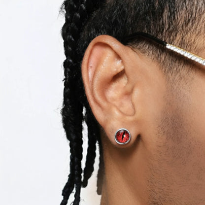 Red Eyeball Stud Earrings Worn by Male Model