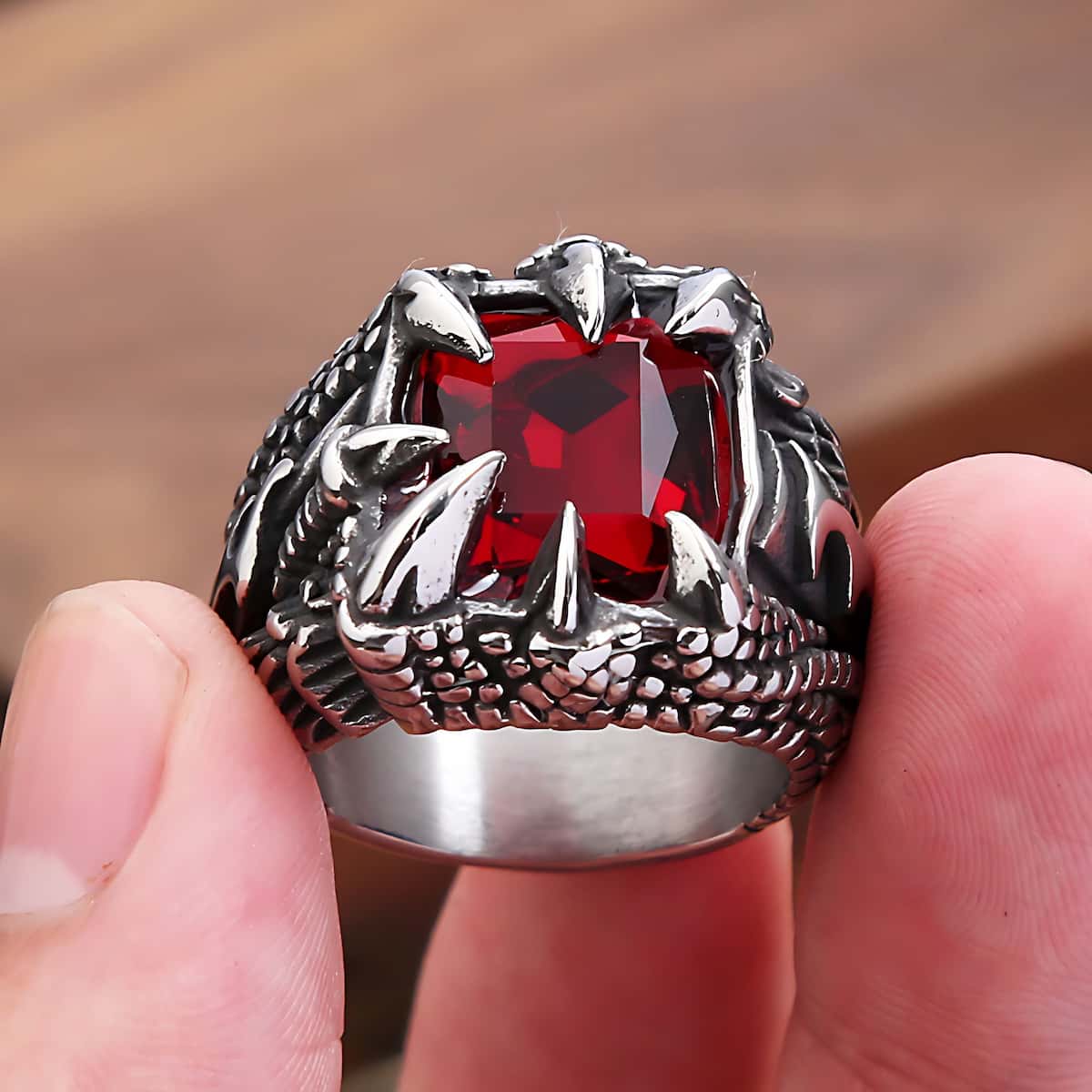 Red Gemstone CZ Stainless Steel Dragon Claw Ring Xenos Jewelry