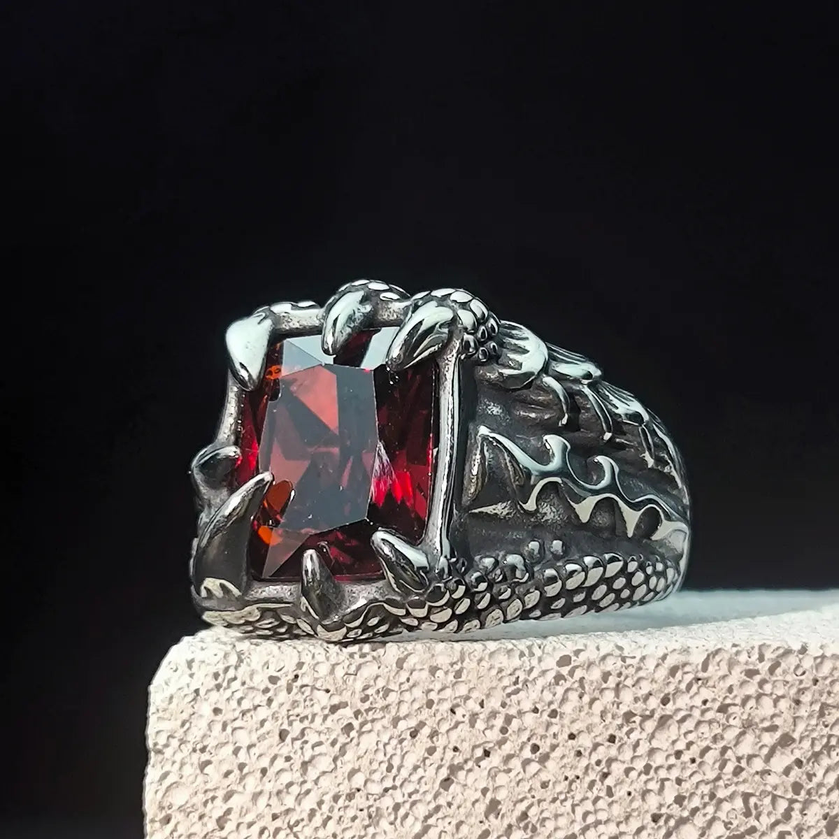 Red Gemstone CZ Stainless Steel Dragon Claw Ring