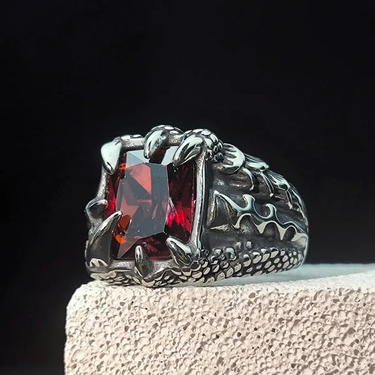 Red Gemstone CZ Stainless Steel Dragon Claw Ring