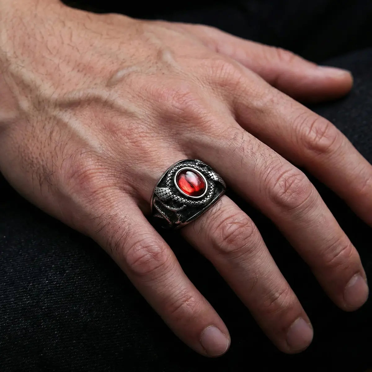Red Gemstone Snake Ring Worn by Male Model