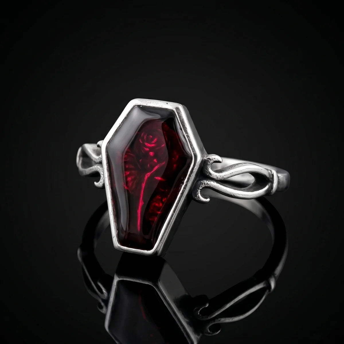 Red Gothic Rose Coffin Ring Front View