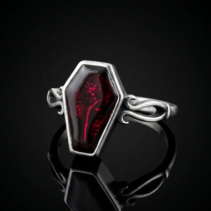 Red Gothic Rose Coffin Ring Front View