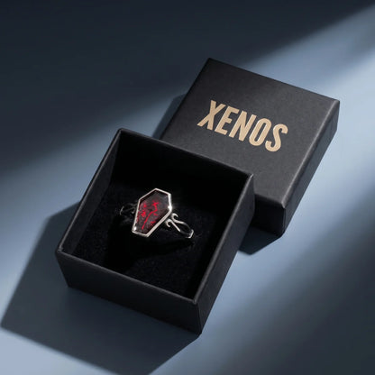 Red Gothic Rose Coffin Ring Inside a Xenos Jewelry Box