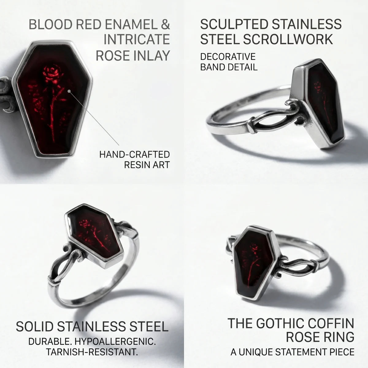 Red Gothic Rose Coffin Ring Multi Angle Features