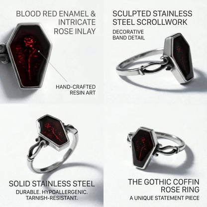 Red Gothic Rose Coffin Ring Multi Angle Features