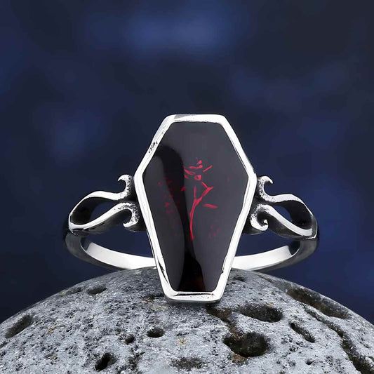 Red Gothic Rose Coffin Ring