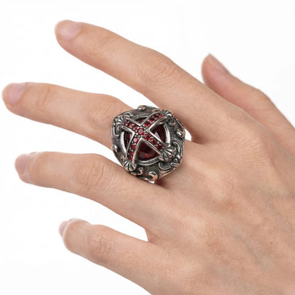 Red Stone Gothic Cross Ring Worn by Female Model Close Up