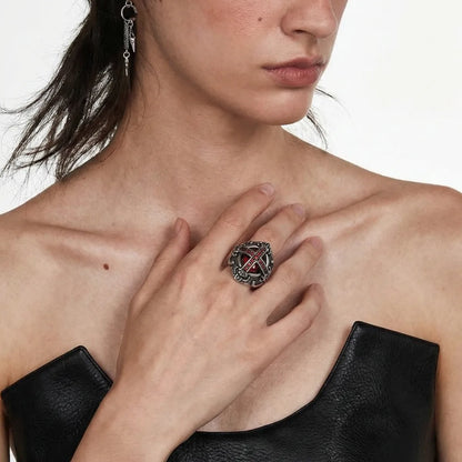 Red Stone Gothic Cross Ring Worn by Female Model