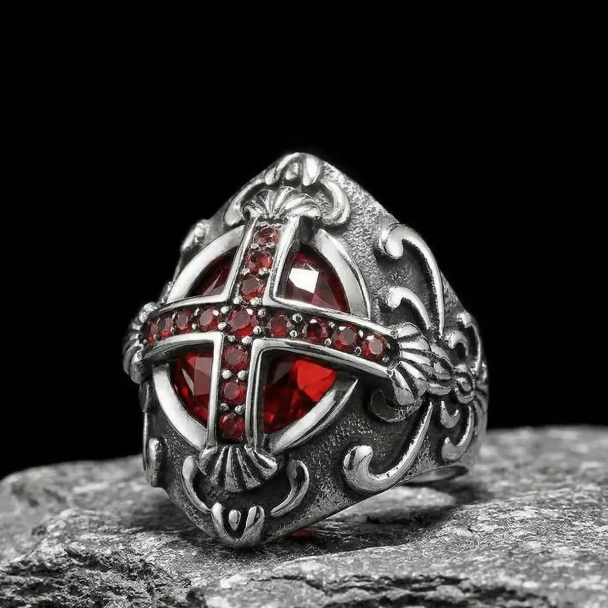 Red Stone Gothic Cross Ring