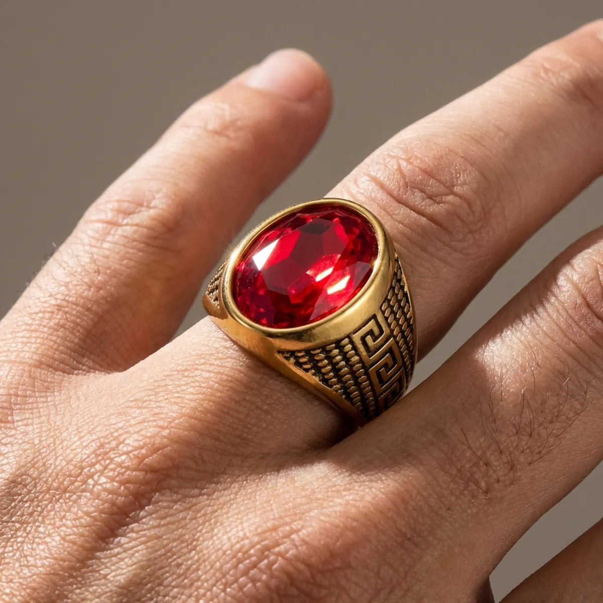 Red Stone Ring Gold Worn by Male Model