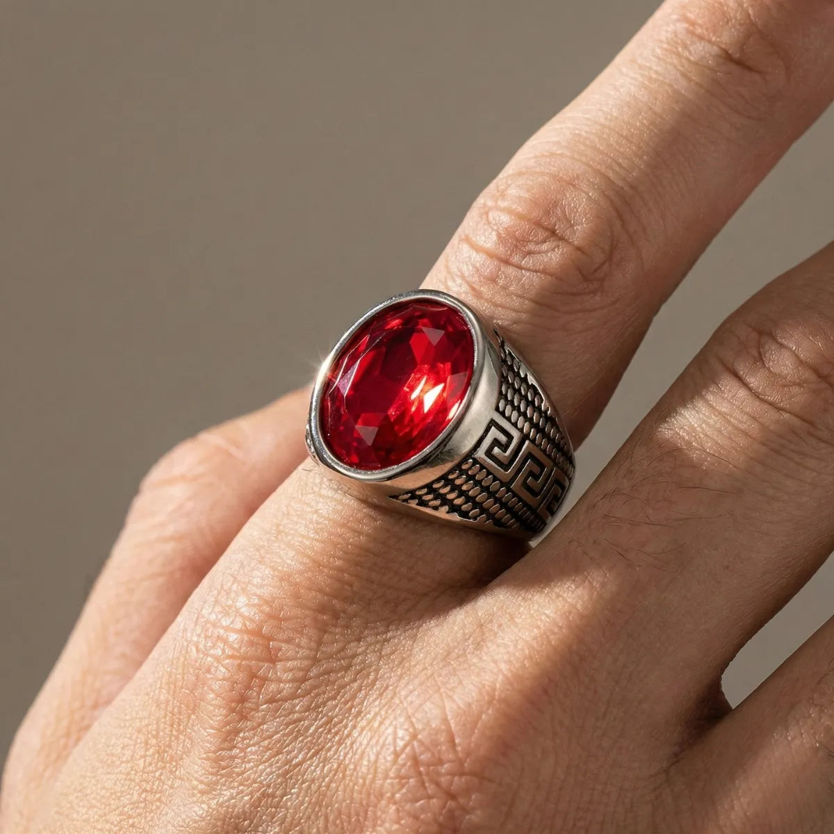 Red Stone Ring Silver Worn by Male Model