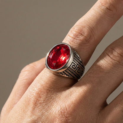 Red Stone Ring Silver Worn by Male Model