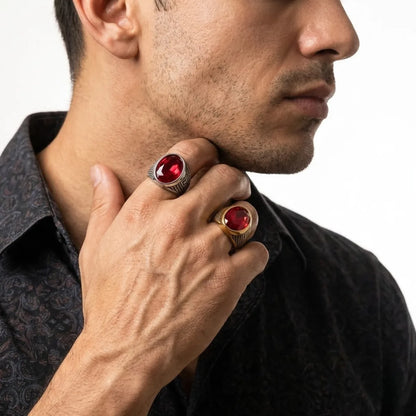 Red Stone Rings Worn by Male Model