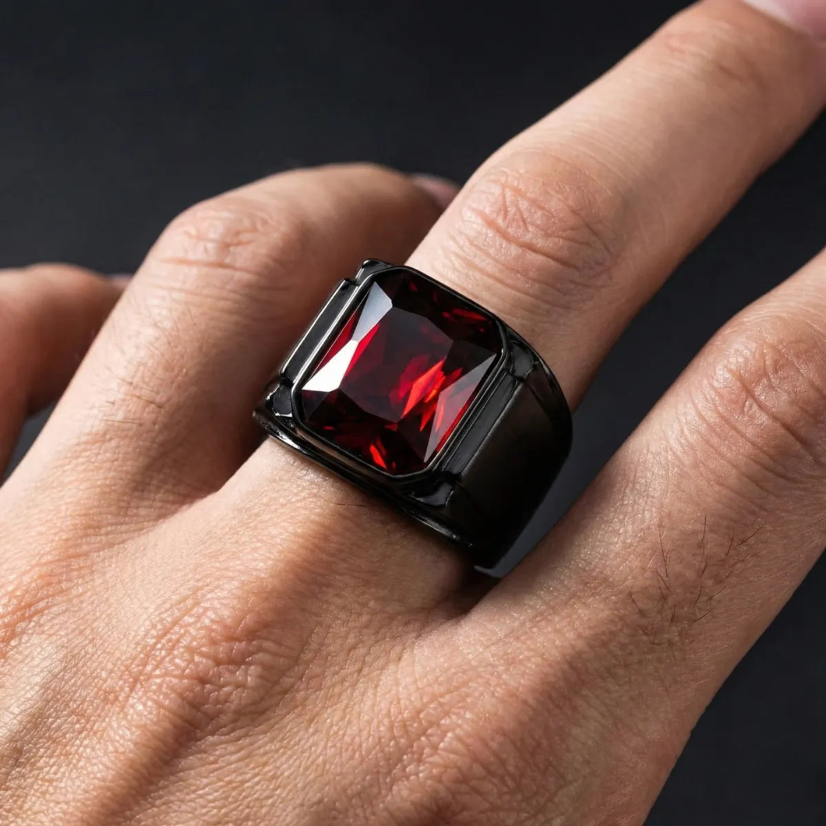 Red Stone Square Ring Worn by Male Model Close Up
