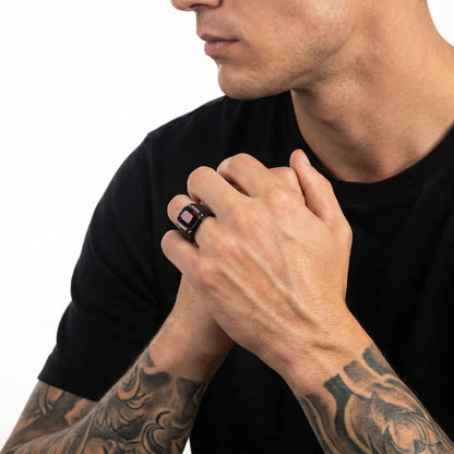 Red Stone Square Ring Worn by Male Model