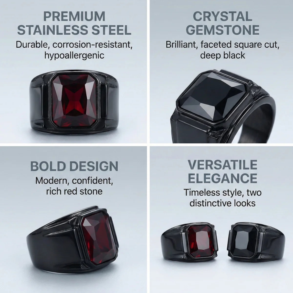 Red and Black Stone Square Ring Features