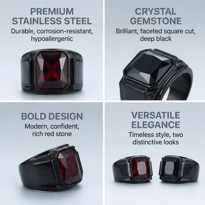 Red and Black Stone Square Ring Features