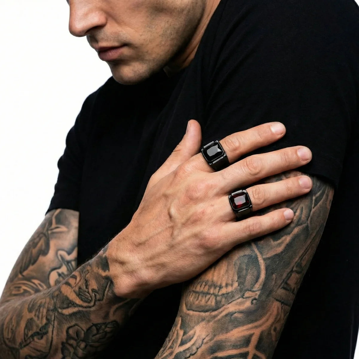 Red and Black Stone Square Ring Worn by Male Model