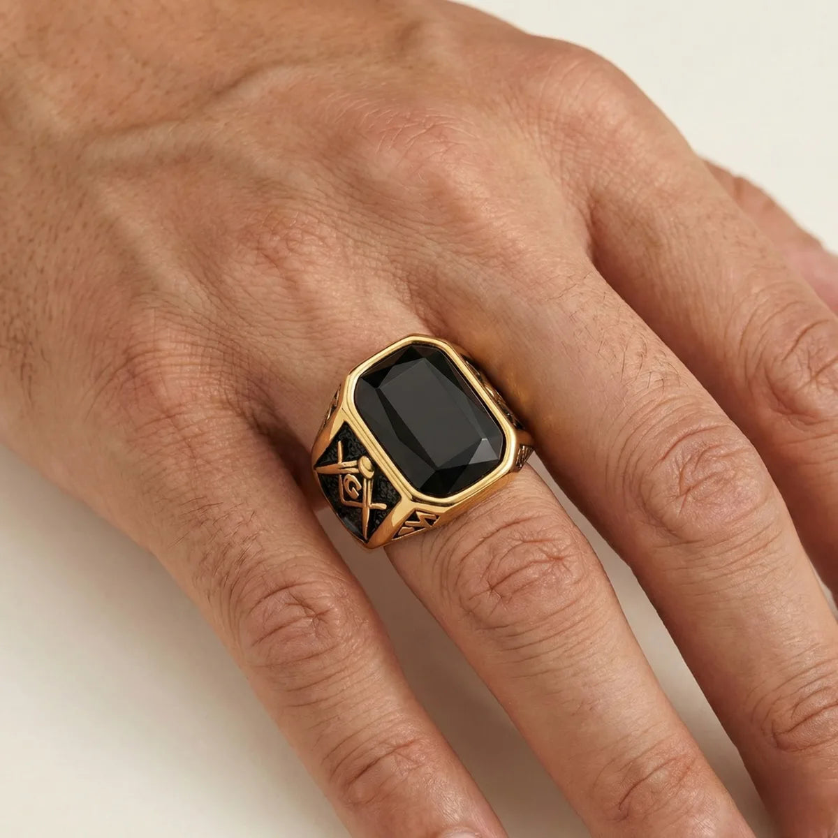 Retro Black Masonic Ring Gold Worn by Male Model