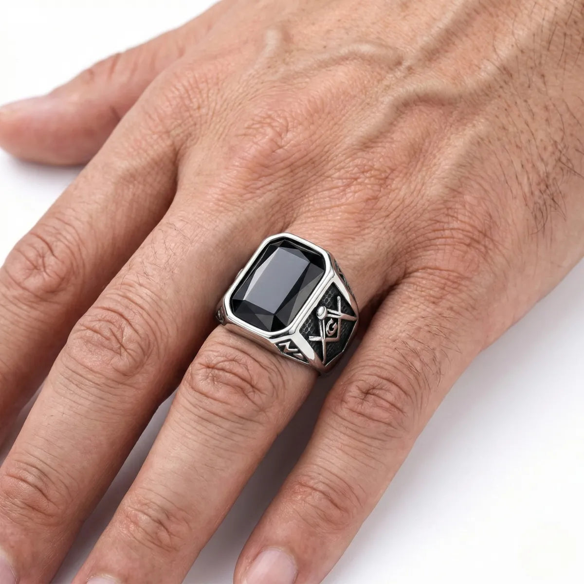 Retro Black Masonic Ring Silver Worn by Male Model