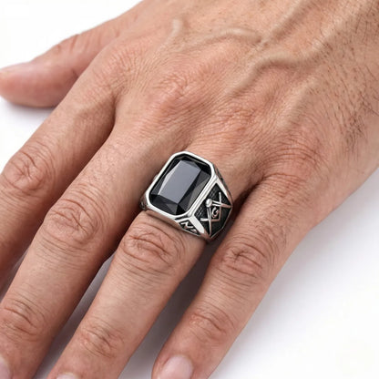 Retro Black Masonic Ring Silver Worn by Male Model