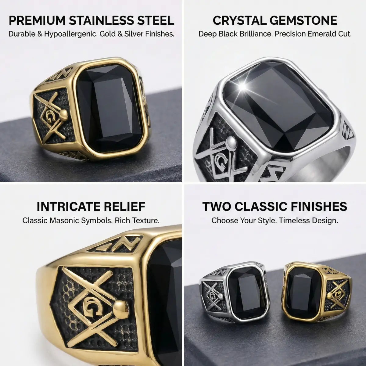 Retro Black Masonic Rings Features