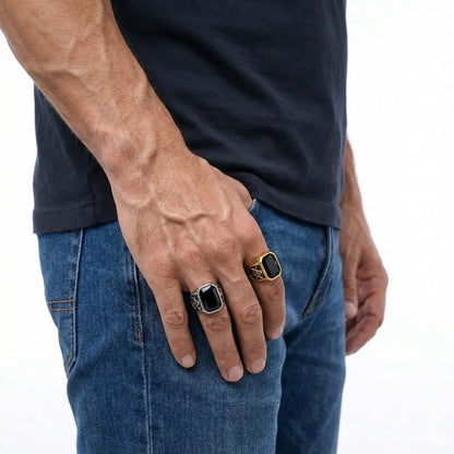 Retro Black Masonic Rings Worn by Male Model