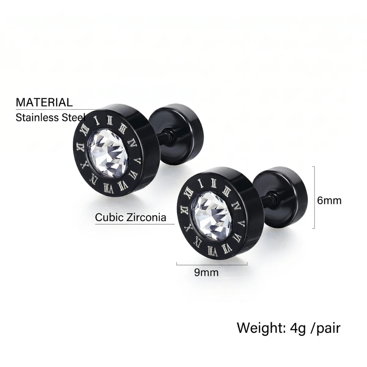 Roman Numeral Black Barbell Stud Earrings Stainless Steel Material and Weight Details Diagram