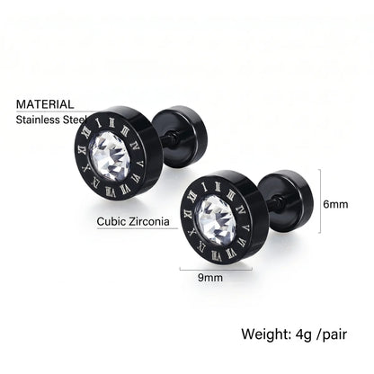 Roman Numeral Black Barbell Stud Earrings Stainless Steel Material and Weight Details Diagram