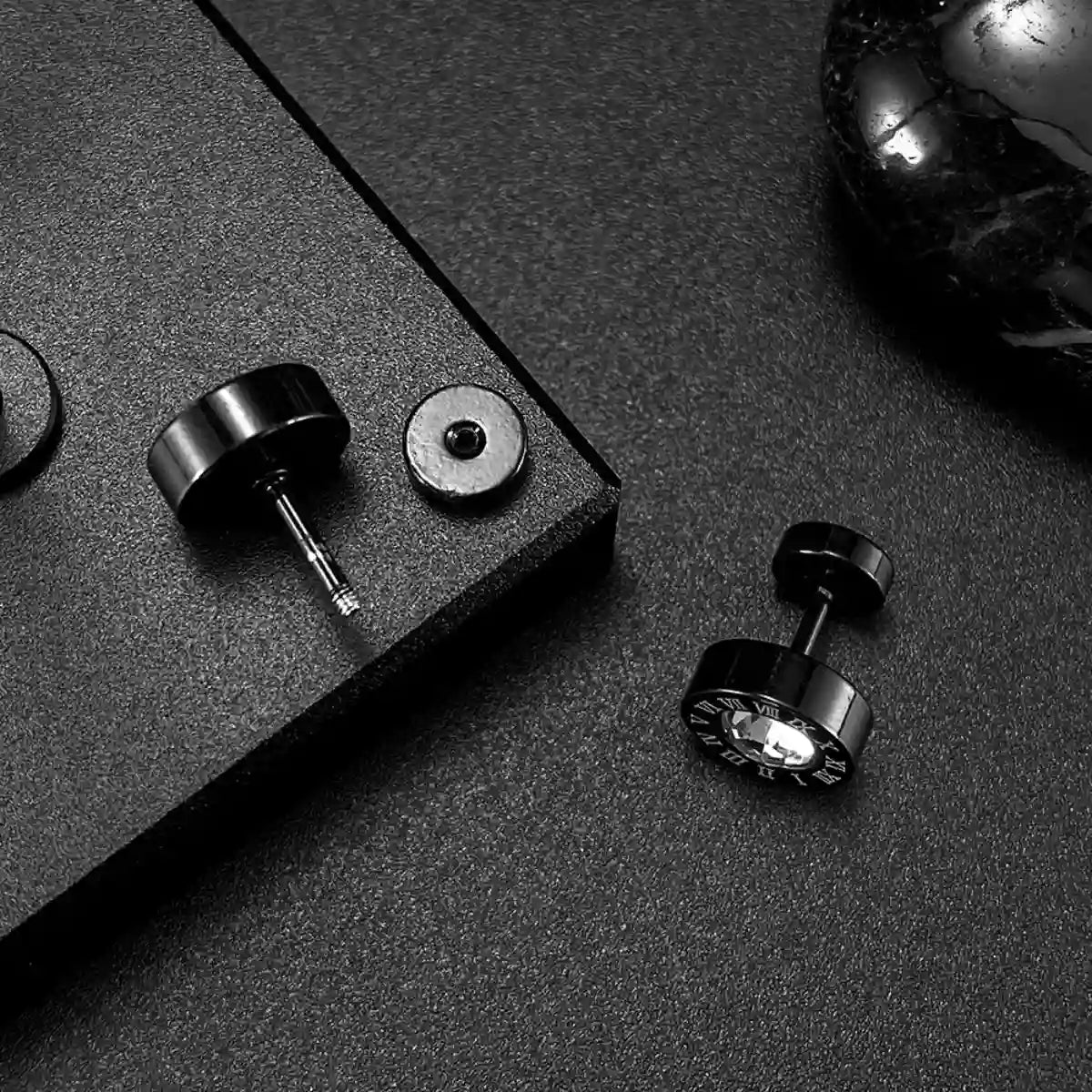 Roman Numeral Black Barbell Stud Earrings Unscrewed Screw Back Mechanism and Components Details