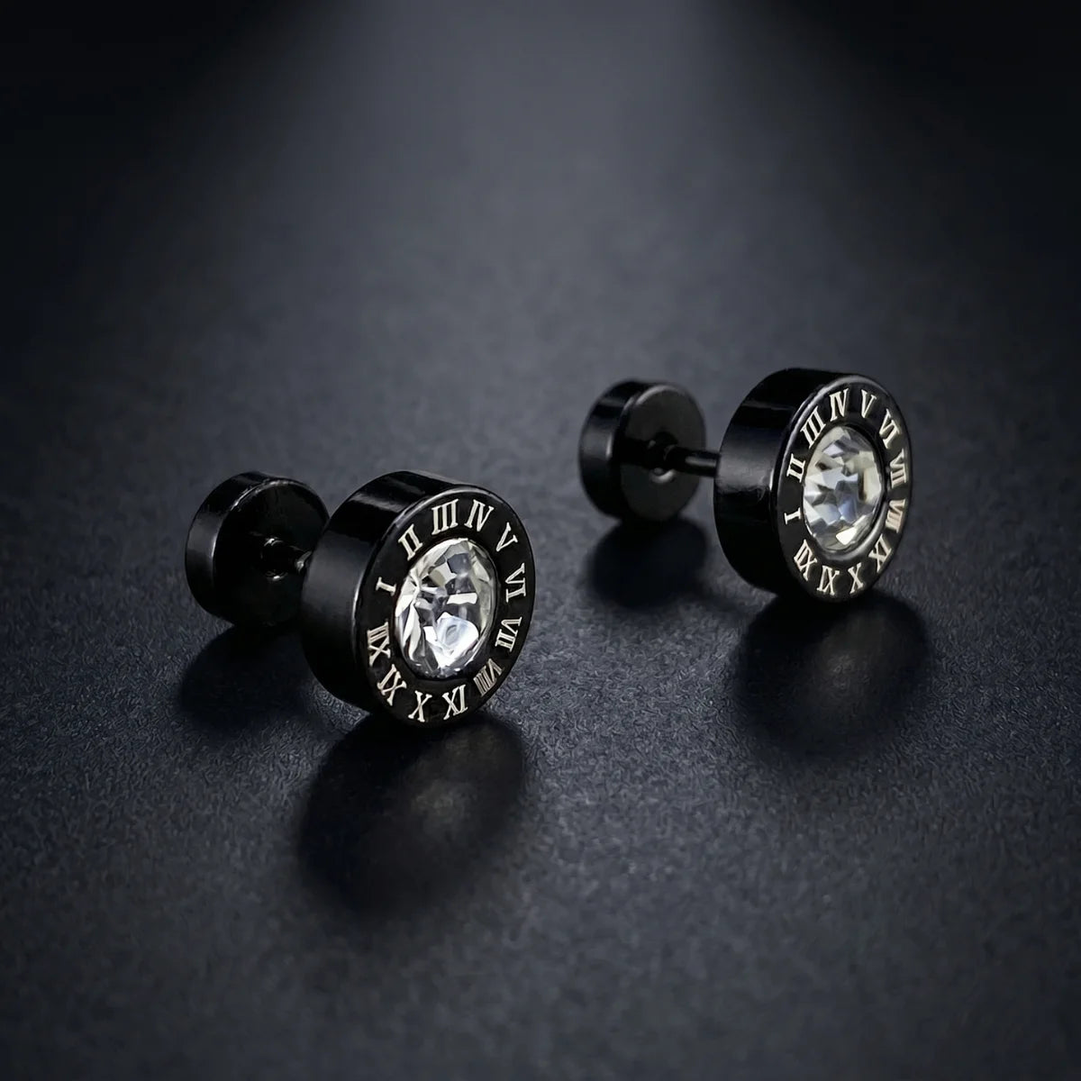Roman Numeral Black Barbell Stud Earrings with Clear Crystal Pair Close Up Dark Background