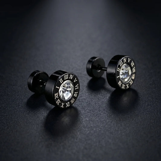 Roman Numeral Black Barbell Stud Earrings with Clear Crystal Pair Close Up Dark Background