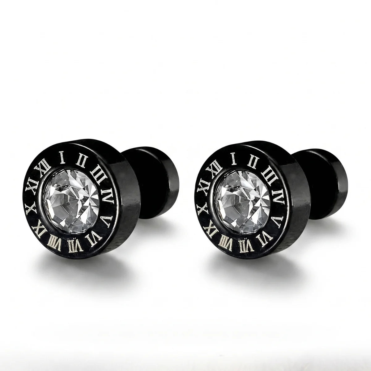 Roman Numeral Black Barbell Stud Earrings with Clear Crystal Pair White Background Front View