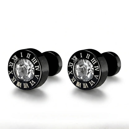 Roman Numeral Black Barbell Stud Earrings with Clear Crystal Pair White Background Front View