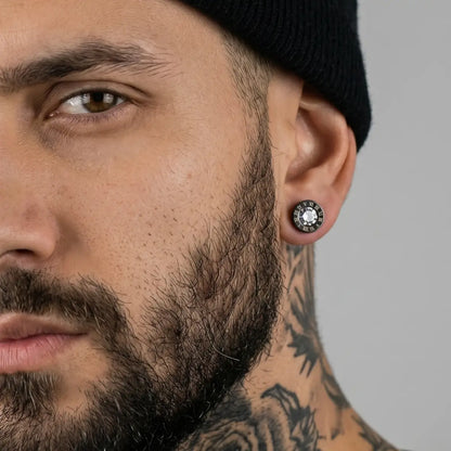 Roman Numeral Black Barbell Stud Earrings with Clear Crystal Worn by Male Model Front Side View