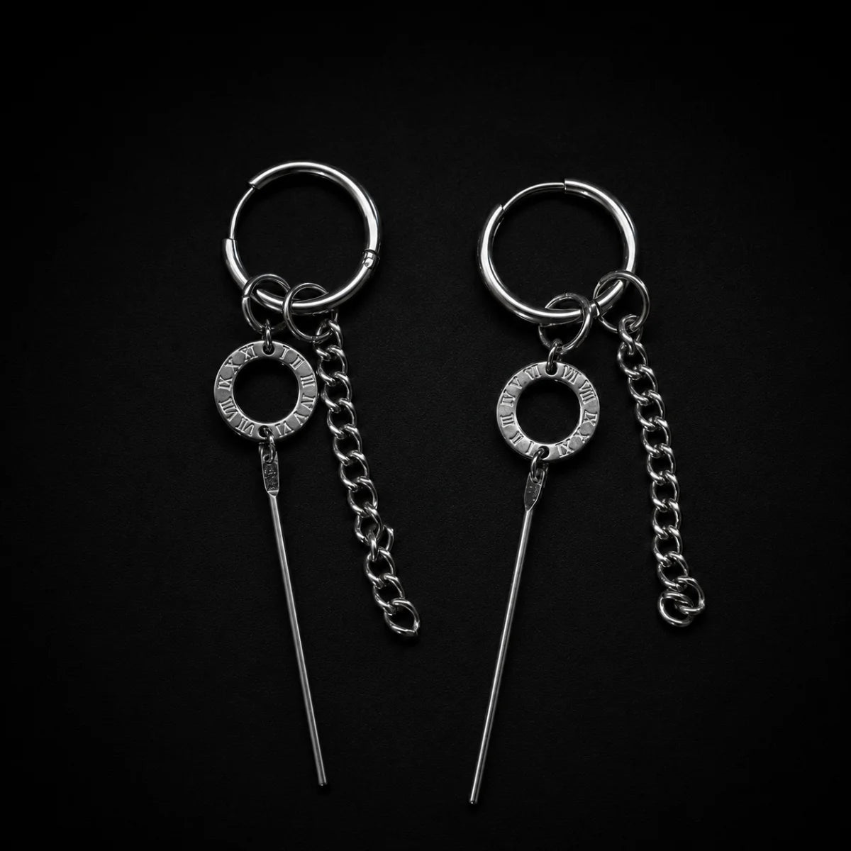 Roman Numeral Chain Dangle Earrings Black Close Up Black Background