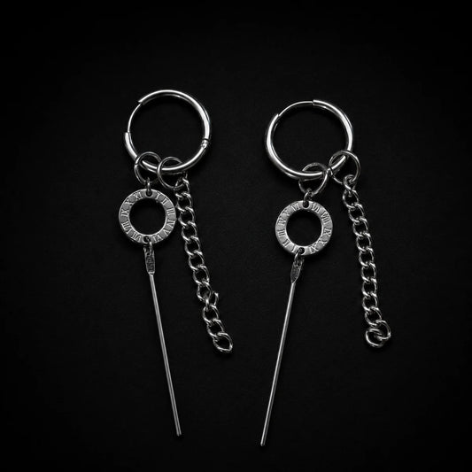 Roman Numeral Chain Dangle Earrings Black Close Up Black Background