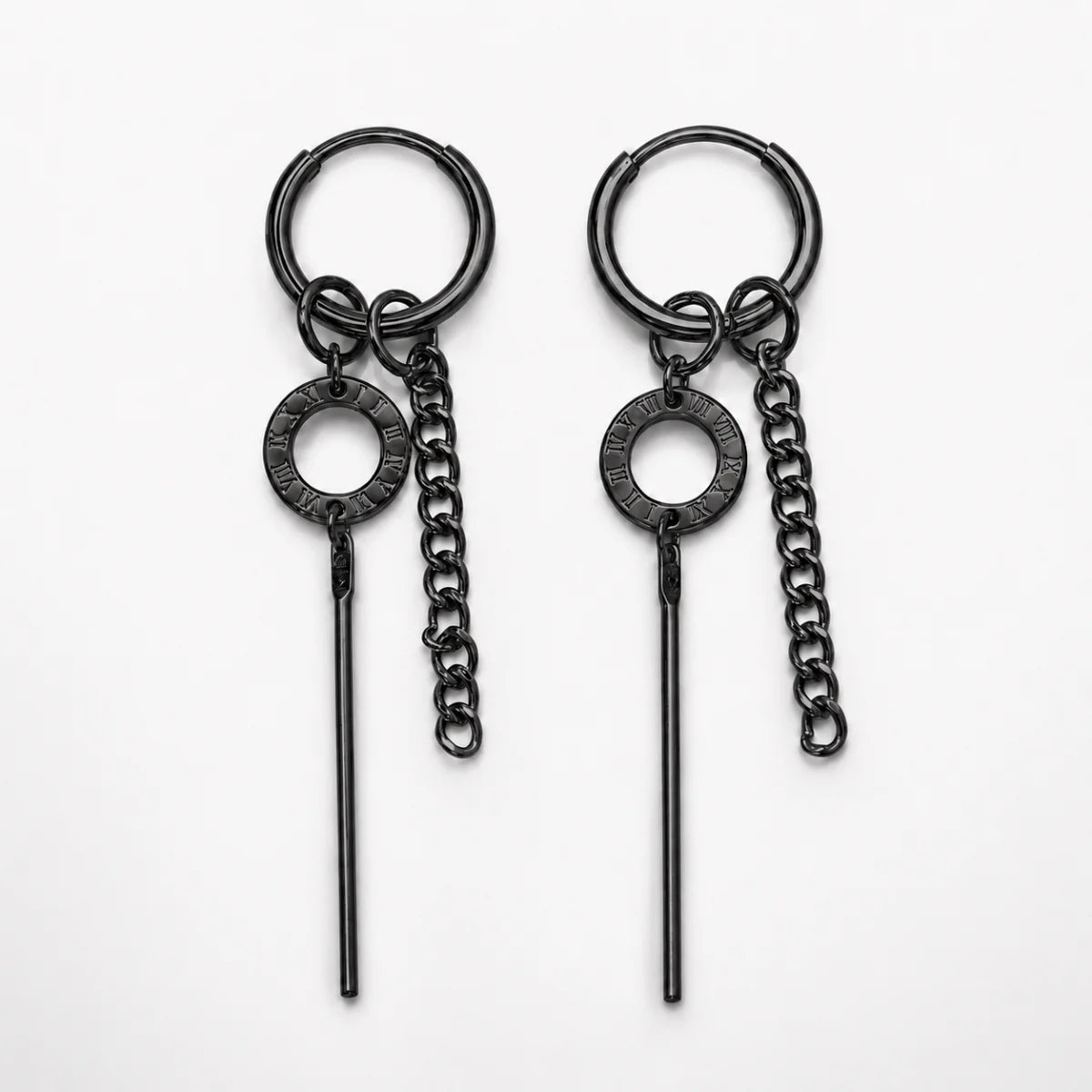 Roman Numeral Chain Dangle Earrings Black Front View White Background