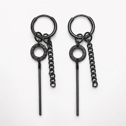 Roman Numeral Chain Dangle Earrings Black Front View White Background