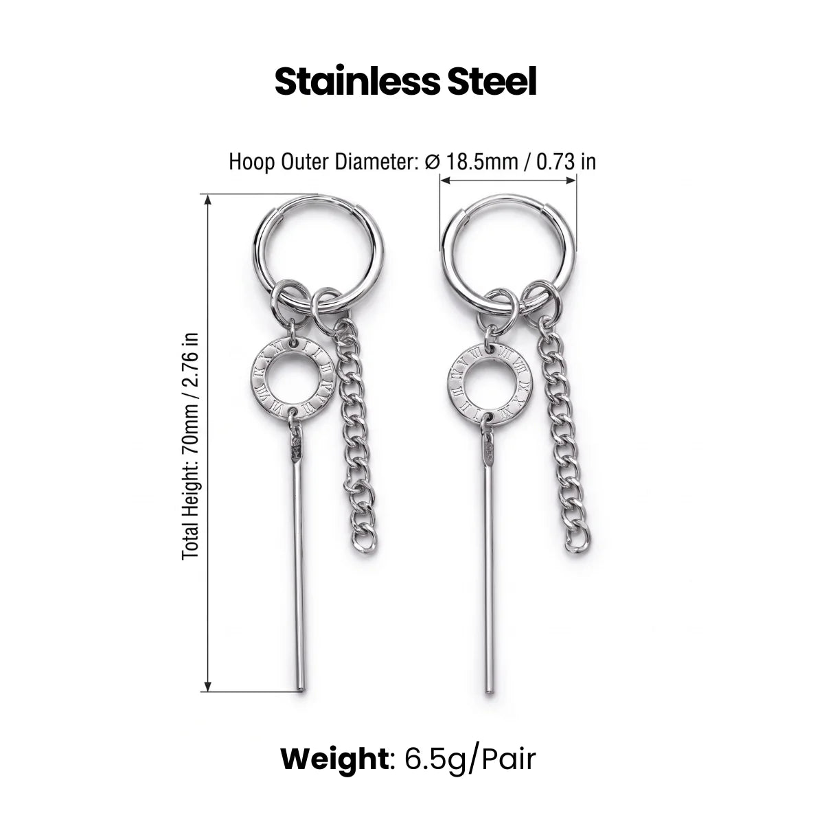 Roman Numeral Chain Dangle Earrings Dimensions and Weight