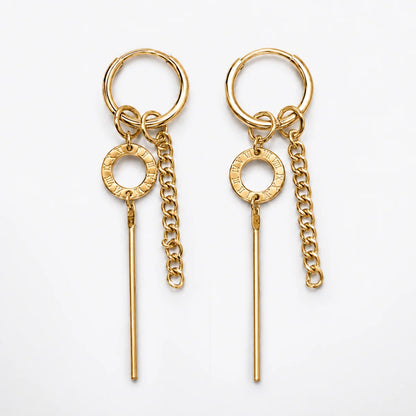 Roman Numeral Chain Dangle Earrings Gold Front View White Background