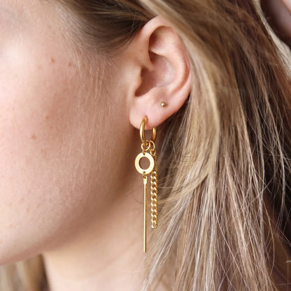 Roman Numeral Chain Dangle Earrings Gold Worn by Female Model